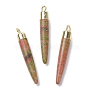 Natural Unakite Brass Pendants, Cadmium Free & Lead Free, Bullet Shaped, Light Gold, 33~37x4~5mm, Hole: 2mm(G-B025-02LG-12)