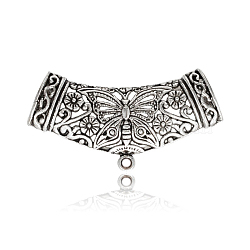 Tibetan Style Alloy Tube Bails, Loop Bails, Scarf Bail Beads, Tube with Butterfly and Flower Pattern, Antique Silver, 45x19~23x8mm, Hole: 1mm, Inner Diameter: 6x10mm(PALLOY-J218-063AS)