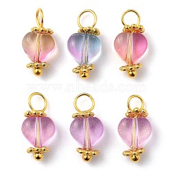 Electroplate Glass Charms, with Glitter Powder, Brass Ball Head Pins and Alloy Spacer Beads, Heart, Golden, Mixed Color, 12.5x6x4mm, Hole: 2.5mm(PALLOY-JF00464-M)