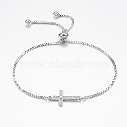 Adjustable Brass Bolo Bracelets, Slider Bracelets, with Cubic Zirconia and Box Chains, Cross, Platinum, 10-1/4 inch(260mm)(BJEW-P200-11P)