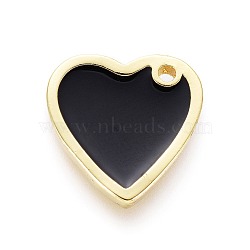Brass Enamel Charms, Heart, Golden, Black, 13x13x2mm, Hole: 1.2mm(KK-F805-01C-01)