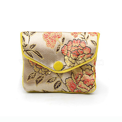 Chinese Style Rectangle Cloth Zipper Pouches, with Flower Pattern and Snap Button, Old Lace, 6.5x7.5cm(X-CON-PW0001-091A-03)