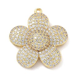 Rack Plating Brass Micro Pave Clear Cubic Zirconia Pendants, Long-Lasting Plated, Lead Free & Cadmium Free, Flower Charms, Real 18K Gold Plated, 27.5x26.5x6.5mm, Hole: 7x3mm(KK-G515-63G-02)