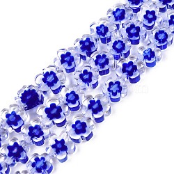 Handmade Millefiori Glass Bead Strands, Plum Bossom, Blue, 7~9x7.5~9x2.5~3mm, Hole: 1mm, about 52~54pcs/strand, 15.75 inch~15.94 inch(40~40.5cm)(LAMP-N029-017B-13)