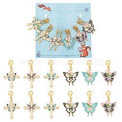 Butterfly & Rose & Cross Pendant Stitch Markers, Alloy Enamel Crochet Lobster Clasp Charms, Locking Stitch Marker with Wine Glass Charm Ring, Mixed Color, 3.6~4.2cm, 2 style, 6pcs/style, 12pcs/set(HJEW-AB00506)