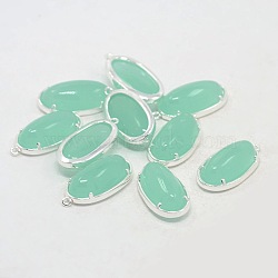 Silver Color Plated Brass Glass Pendants, Oval, Pale Turquoise, 24x15x7mm, Hole: 1mm(GLAA-J047-06S)