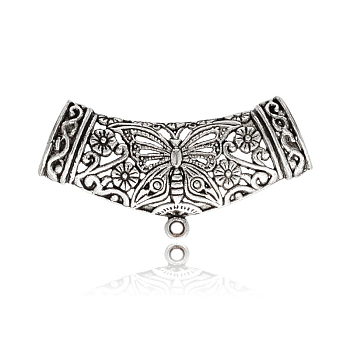 Tibetan Style Alloy Tube Bails, Loop Bails, Scarf Bail Beads, Tube with Butterfly and Flower Pattern, Antique Silver, 45x19~23x8mm, Hole: 1mm, Inner Diameter: 6x10mm