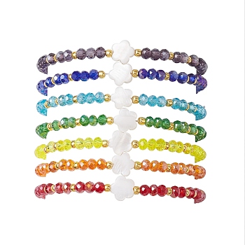 7Pcs 7 Colors Flower Natural Shell & Glass & Seed Beaded Stretch Bracelets Set, Stackable Bracelets, Mixed Color, Inner Diameter: 2-1/8 inch(5.5cm), 1Pc/colors