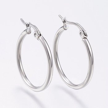 304 Stainless Steel Hoop Earrings, Hypoallergenic Earrings, Ring Shape, Stainless Steel Color, 12 Gauge, 29~31x2mm, Pin: 0.7~1.3x0.68mm