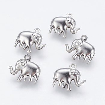 Tarnish Resistant 304 Stainless Steel Charms, Elephant, Stainless Steel Color, 14.5x15x5mm, Hole: 1mm