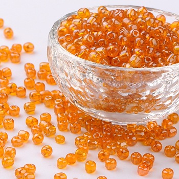 (Repacking Service Available) Glass Seed Beads, Trans. Colours Lustered, Round, OranGoe, 6/0, 4mm, Hole: 1.5mm, about 12G/bag