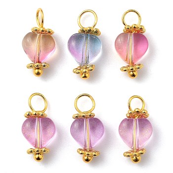 Electroplate Glass Charms, with Glitter Powder, Brass Ball Head Pins and Alloy Spacer Beads, Heart, Golden, Mixed Color, 12.5x6x4mm, Hole: 2.5mm