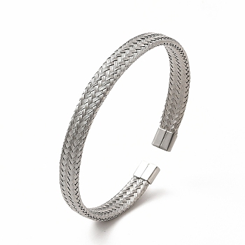 304 Stainless Steel Mesh Chains Shape Open Cuff Bangle for Women, Stainless Steel Color, Inner Diameter: 2-1/4x2-1/8 inch(5.4x5.8cm)