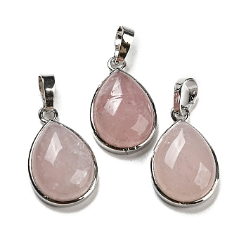 Natural Rose Quartz Pendants, Teardrop Charms with Platinum Plated Brass Snap on Bails, 24x15x7.5mm, Hole: 4x8mm