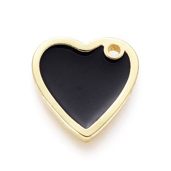 Brass Enamel Charms, Heart, Golden, Black, 13x13x2mm, Hole: 1.2mm