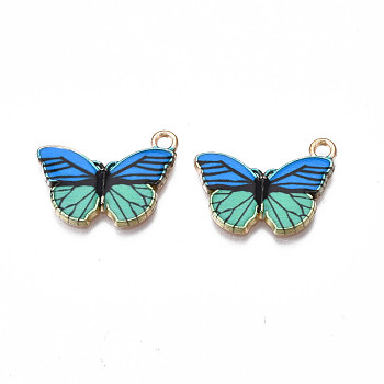 Printed Alloy Pendants, Cadmium Free & Nickel Free & Lead Free, Light Gold, Butterfly, Royal Blue, 15x20x1.5mm, Hole: 1.8mm