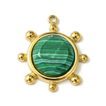 Ion Plating(IP) 304 Stainless Steel Pave Faceted Synthetic Malachite Pendants, Granulated Flat Round Charms, Real 14K Gold Plated, 19.5x17x4.5~6mm, Hole: 1.5mm