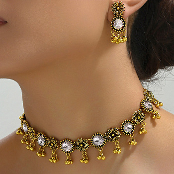 Flat Round & Flower Alloy Rhinestone Pendant Necklace & Stud Dangle Earring Sets, Crystal, 320mm