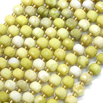 Natural Butter Jade Beads Strands, with Seed Beads, Faceted, Lantern, 8~8.5x6.5~7mm, Hole: 0.6mm, about 44pcs/strand, 15.16''(38.5cm)