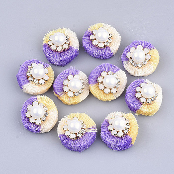 Polycotton(Polyester Cotton) Tassel Decoration Accessories, with Resin Imitation Pearl, Rhinestone and Iron Findings, Medium Purple, 25~27x17.5~18.5mm