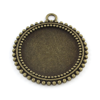 Tibetan Style Flat Round Alloy Pendant Cabochon Settings, Cadmium Free & Nickel Free & Lead Free, Antique Bronze, Tray: 25mm, 37x33x2mm, Hole: 3mm, about 180pcs/1000g