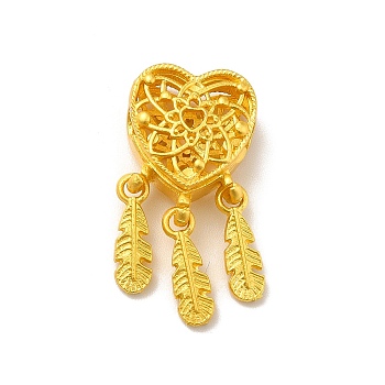 Rack Plating Alloy Pendants, Cadmium Free & Lead Free, Heart with Feather Charm, Matte Gold Color, 25.5x13x7mm, Hole: 3mm
