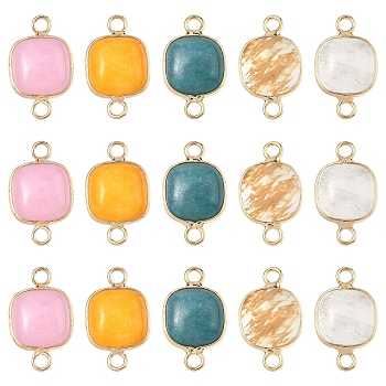 10Pcs 5 Styles Tigerskin Glass & Dyed Natural White Jade & Quartz Crystal Square Links Connector Charmss, with Brass Findings, Golden, 21x13x5~5.5mm, Hole: 2.5mm, 2pcs/style