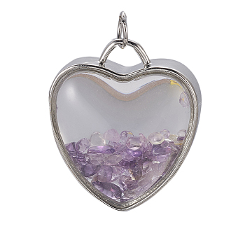 Natural Amethyst Chips Pendants, with Platinum Tone Brass Glass Findings, Heart, 37x32x18~18.5mm, Hole: 6mm