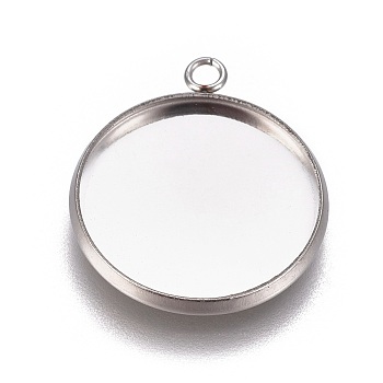 304 Stainless Steel Pendant Cabochon Settings, Plain Edge Bezel Cups, Flat Round, Stainless Steel Color, Tray: 16mm, 20.5x17.5x2mm, Hole: 1.8mm