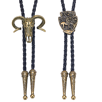 Gorgecraft 2Pcs 2 Style Imitation Leather Cords Bolo Ties, Cattle & Shield Alloy Lariat Necklaces for Men, Black, 40.94~41.89 inch(104~106.4cm), 1Pc/style