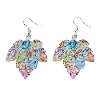 Spray Painted Stainless Steel Maple Leaf Dangle Earrings, Etched Metal Embellishments, with Iron Earring Hooks, Stainless Steel Color, Colorful, 60mm, Pin: 0.7mm