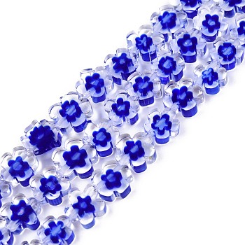 Handmade Millefiori Glass Bead Strands, Plum Bossom, Blue, 7~9x7.5~9x2.5~3mm, Hole: 1mm, about 52~54pcs/strand, 15.75 inch~15.94 inch(40~40.5cm)