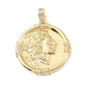 Brass Micro Pave Cubic Zirconia Pendants, Long-Lasting Plated, Real 18K Gold Plated, Cadmium Free & Lead Free, Flat Round, Clear, 30.5x28x2.5mm, Hole: 4.5x3mm