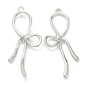 Alloy Pendants, Bowknot with Crystal Rhinestone, Platinum, 48.5x20x5mm, Hole: 1.6mm