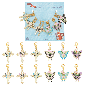 Butterfly & Rose & Cross Pendant Stitch Markers, Alloy Enamel Crochet Lobster Clasp Charms, Locking Stitch Marker with Wine Glass Charm Ring, Mixed Color, 3.6~4.2cm, 2 style, 6pcs/style, 12pcs/set