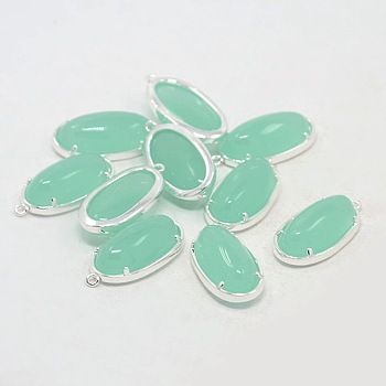 Silver Color Plated Brass Glass Pendants, Oval, Pale Turquoise, 24x15x7mm, Hole: 1mm