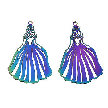 Ion Plating(IP) 201 Stainless Steel Filigree Pendants, Etched Metal Embellishments, Princess Dress, Rainbow Color, 32x21x0.3mm, Hole: 1.2mm