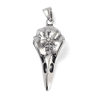 Viking 316 Surgical Stainless Steel Pendants, Crow Mouth with Vegvisir, Antique Silver, 49.5x20.5x11mm, Hole: 8.5x4.5mm