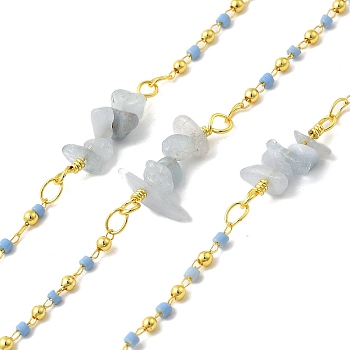 Handmade Brass Round Beaded Chains, with Natural Aquamarine Chips, Seed Beads & Spool, Long-Lasting Plated, Soldered, Lead Free & Cadmium Free, Links: 23x6.5~12x4.5~5mm