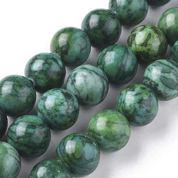 Natural China Silver Leaf Jasper Beads Strands, Dyed & Heated, Round, Green, 10mm, Hole: 1.2mm, about 37pcs/strand, 15.35 inch(39cm)