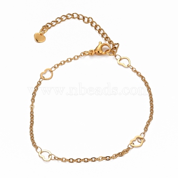 304 Stainless Steel Cable Chain Anklets, with Heart Links and Lobster Claw Clasps, Golden, 9 inches(22.8cm)(AJEW-H104-10G)
