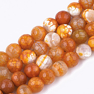 Natural Crackle Agate Beads Strands, Dyed, Faceted, Round, Dark Orange, 10mm, Hole: 1mm, about 37~38pcs/strand, 14.4~14.9 inch(G-T119-01C-08)
