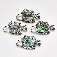 Abalone Shell/Paua Shell Brooches/Pendants, with Alloy Findings and Resin Bottom, Fish, Antique Silver, Colorful, 33x58.5x10mm, Hole: 10x3.5mm, Pin: 0.6mm(X-SHEL-S275-54A)