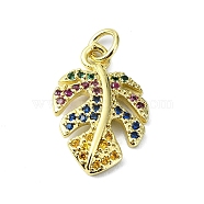 Brass Micro Pave Colorful Cubic Zirconia Pendants, with Jump Ring, Leaf Charm, Real 18K Gold Plated, 19x12.5x2.5mm, Hole: 3mm(KK-H475-51G)