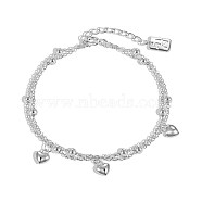 S925 Sterling Silver Satellite Chains Double Layer Multi-strand Bracelets, with Heart Charms, Silver, 6-1/2 inch(16.6cm)(BJEW-M311-01)