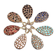 Polymer Clay Rhinestone Pendants, with Gemstone Chip/Natural Shell Chip and PU Leather, Teardrop, Golden, 50~51x31~32x7~8mm, PP12(1.8~1.9mm), Hole: 9x5mm(RB-S056-11B-G)