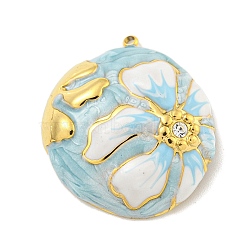 Ion Plating(IP) 304 Stainless Steel Rhinestone Pendants, with Enamel, Real 18K Gold Plated, Half Round with Flower Charm, Sky Blue, 30x26.5x8mm, Hole: 1.5mm(STAS-U007-07D-G)