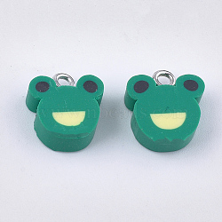 Handmade Polymer Clay Charms, with Iron Findings, Frog, Platinum, Green, 11~14x8~12x4~5mm, Hole: 1.8mm(CLAY-S091-93)