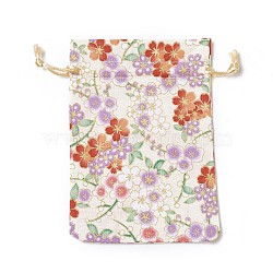 Burlap Packing Pouches, Drawstring Bags, Rectangle with Flower Pattern, Wheat, 14.2~14.7x10~10.3cm(ABAG-I001-10x14-07A)