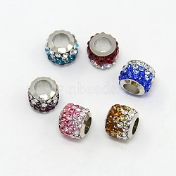 Brass Pave Polymer Clay Grade A Rhinestone Column European Beads, Mixed Color, 8.5x7.5mm, Hole: 5mm(CPDL-L001-01)
